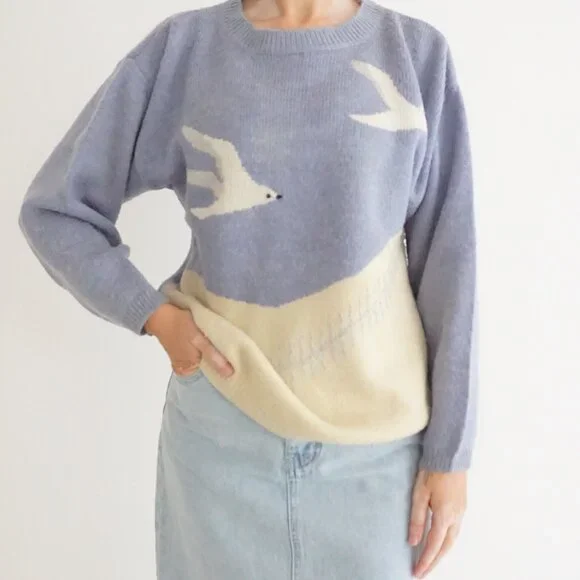 Vintage White Stag Blue Ivory Seagull Bird Scenic Crewneck Knit Sweater M - Picture 1 of 10